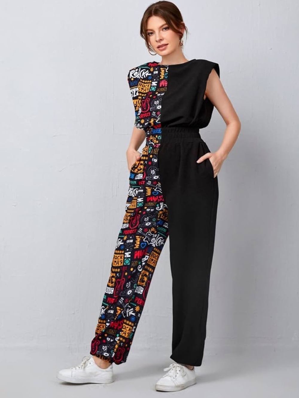 Colorblock Graphic & Black Jumpsuit